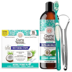GuruNanda Coconut & Mint Oil Pulling with Tongue Scraper & Teeth Whitening Strips - 16 Day Treatments - Enamel-Safe Strips for Sensitive Teeth, Dry Strip Technology