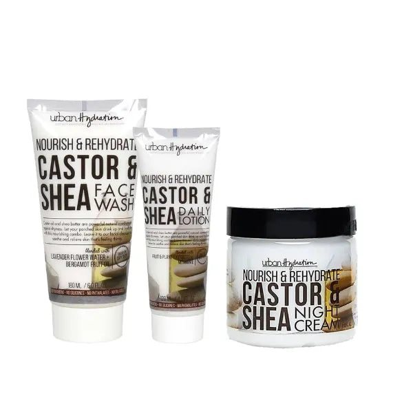 Urban Hydration Castor & Shea Complete Skincare Bundle, Cleanser, Face Lotion & Night Cream, Hydrates, Evens Skin Tone, Fights Acne & Signs of Aging, For All Skin Types