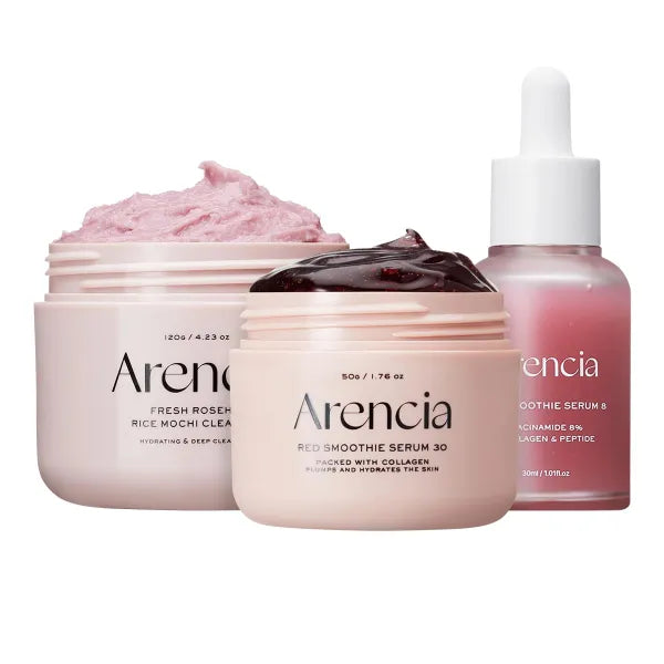 Arencia Red Collagen Jello Skin Trio - Poreless Skin Routine [Rosehip Rice Mochi Cleanser + Overnight Glow Mask Serum + Red Smoothie Serum]