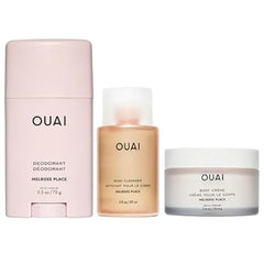 OUAI Melrose Place Travel Essentials Aluminum Free Deodorant+ Body Cleanser Travel + Body Cream Travel Hydration, Freshness & Rosy Scented Self Care Set