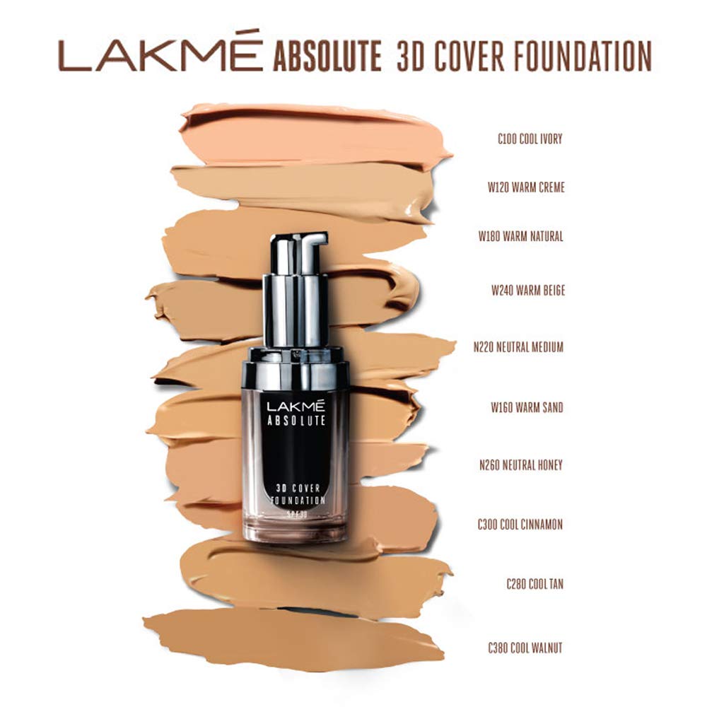 Lakmé Absolute 3D Cover Liquid Foundation Velvet Finish, Cool Tan, 15ml