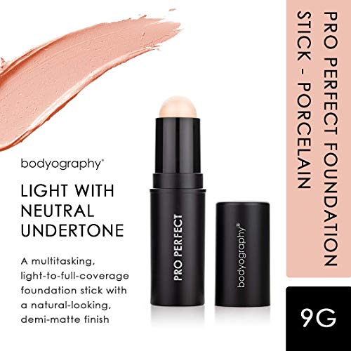 Bodyography Pro Perfect Foundation Stick - Demi-Matte Finish with A Natural Look - Enhancer for Concealing, Highlighting, and Contouring - Vitamin C & E (Porcelain)