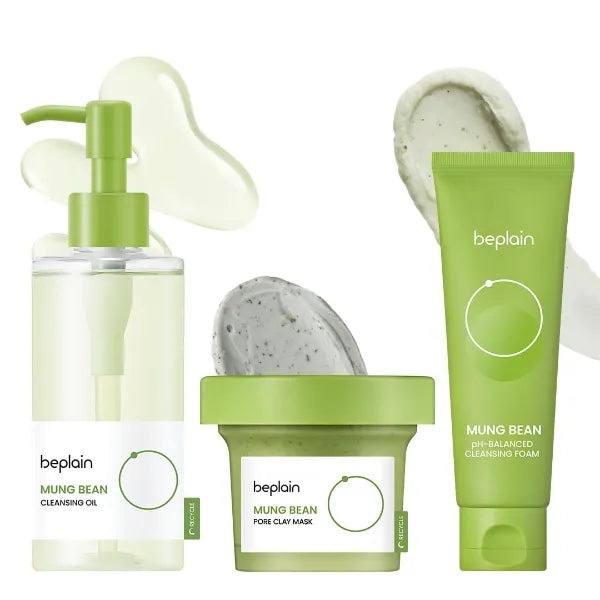 beplain Mung Bean Pore Care Trio - Cleansing Oil & Cleansing Foam 80ml &Clay Mask | Korean Skin Care | Suitable for Sensitive Skin