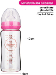 Fissman Baby Feeding Glass Bottle, Light and Slim Bottle Easy to Hold, Food Grade Borosilicate Glass, Wide Neck, Dishwasher And Easy to Clean, BPA Free 260ml (Pink)