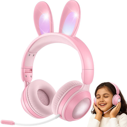 Excefore Over Ear Headphone, Bluetooth Headphones for Kids, Wireless Foldable Kids Headset with LED Rabbit Ears Removeable Noise Cancelling Microphone for Girls on School, Travel, Gaming (Pink)