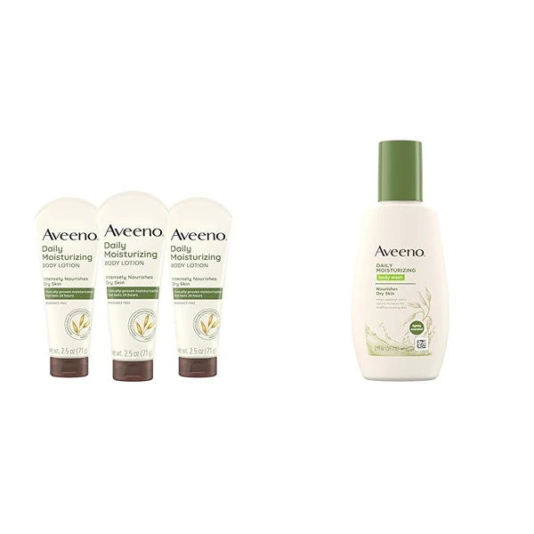 Aveeno Daily Moisturizing Body Lotion, Gentle Lotion Nourishes Dry Skin With Moisture & Daily Moisturizing Body Wash, 2 Ounce