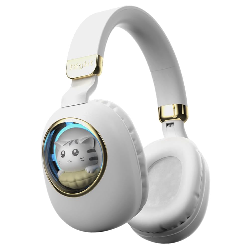 Azonee Bluetooth Headphones with Microphone, Over-Ear Headphones with Colorful LED Lights Cute Cat Design, Wireless and Wired, Foldable Bluetooth Headphones for Smartphones, Tablets, Laptops (White)