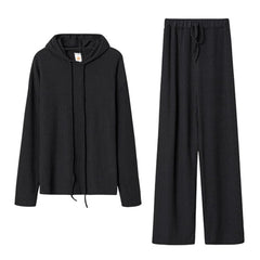 KEYNCO 2-Piece Leisure Suit For Women Solid Color Long Sleeved Hooded Top And Pants Sports Set Leisure Autumn Set (S) - Black