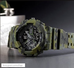 SKMEI Men's Digital Sports Watch, LED Square Large Face Analog Quartz Wrist Watch with Multi-Time Zone Waterproof Stopwatch - ARMY GREEN CAMO