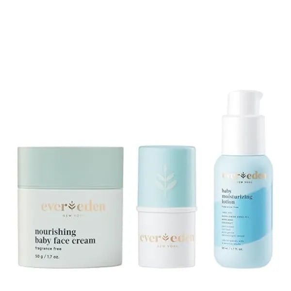 Evereden Baby Face Cream, Lip Balm and Mini Baby Body Lotion for Newborn. Clean and Gentle Care, Vegan, Easy To Use Toddler Chapstick, Cream, Lotion for Soothing Hydration Non Greasy, Fragrance Free