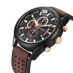 Curren 8290 Leather Round Analog-Chrono With Date Display Brown, Black Watch for Men