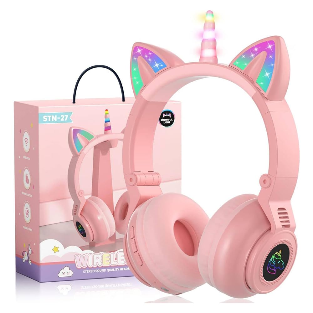 Bluetooth 5.3 Kids Headphones, RGB LED Light Up Unicorn Ears, Foldable Adjustable On-Ear Headset, Unicorn Bluetooth Headphones, Light Up Kids Wireless Headphone, for Girls and Boys Teens (Pink)