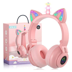 Bluetooth 5.3 Kids Headphones, RGB LED Light Up Unicorn Ears, Foldable Adjustable On-Ear Headset, Unicorn Bluetooth Headphones, Light Up Kids Wireless Headphone, for Girls and Boys Teens (Pink)