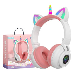 Bluetooth 5.3 Kids Headphones, RGB LED Light Up Unicorn Ears, Foldable Adjustable On-Ear Headset, Unicorn Bluetooth Headphones, Light Up Kids Wireless Headphone, for Girls and Boys Teens (White)