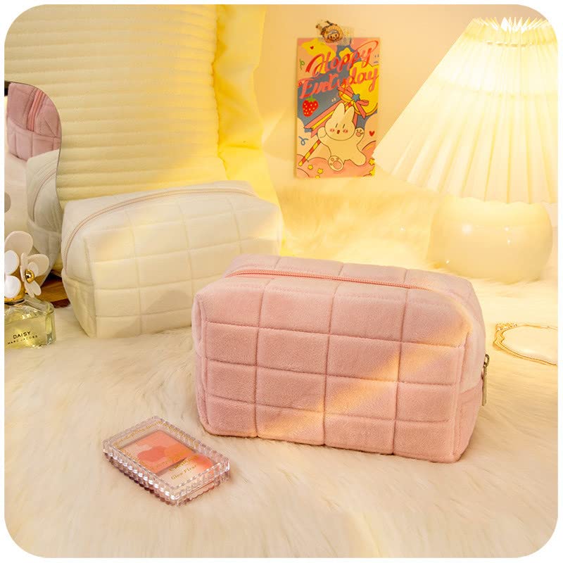 LYDZTION Plush makeup bag cosmetic bag for women,zipper large solid color travel toiletry bag travel make up toiletry bag washing pouch, pink