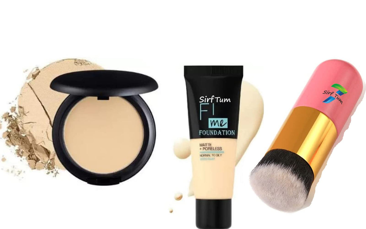 SIRF TUM 7 Beauty Fii Me Matte+Poreless Liquid Tube Foundation Natural & Studio Fix Compact Powder & Cosmetic Face Powder Foundation-blush Brush- Pink(3 Items)