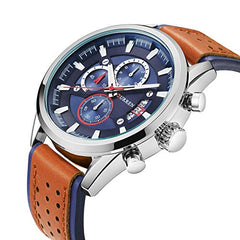 Curren 8290 Leather Round Analog-Chrono With Date Display Brown, Blue Watch for Men