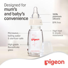 Pigeon Slim Neck Glass Bottle, Clear Cap, Ultra Soft Silicone Nipple, Anti-Colic, Durable & Long Lasting, BPA & BPS Free, White/Clear, 120ml