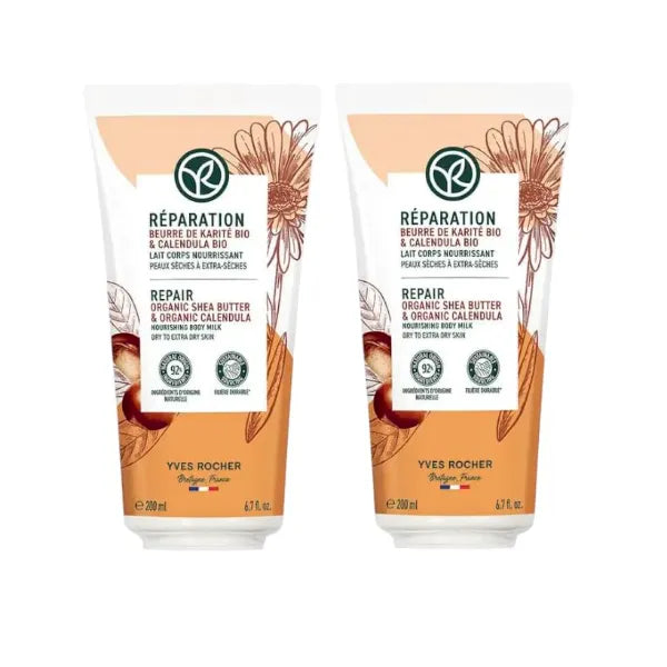 Yves Rocher Nourishing Body Lotion Repair Organic Shea Butter & Calendula Restorative Body Milk Set of 2 All skin types 200 ml. / 6.7 fl.oz