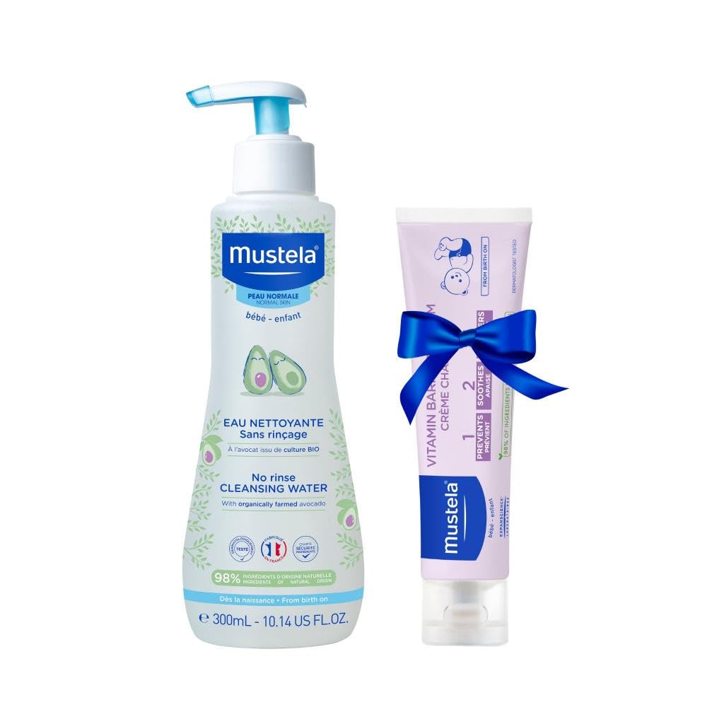 Mustela Diaper Change Set with Mustela Baby Diaper Rash Vitamin Barrier Cream 123 - Skin Protectant with Zinc Oxide & Mustela Baby Cleansing Water - No-Rinse Micellar Water - with Natural Avocado