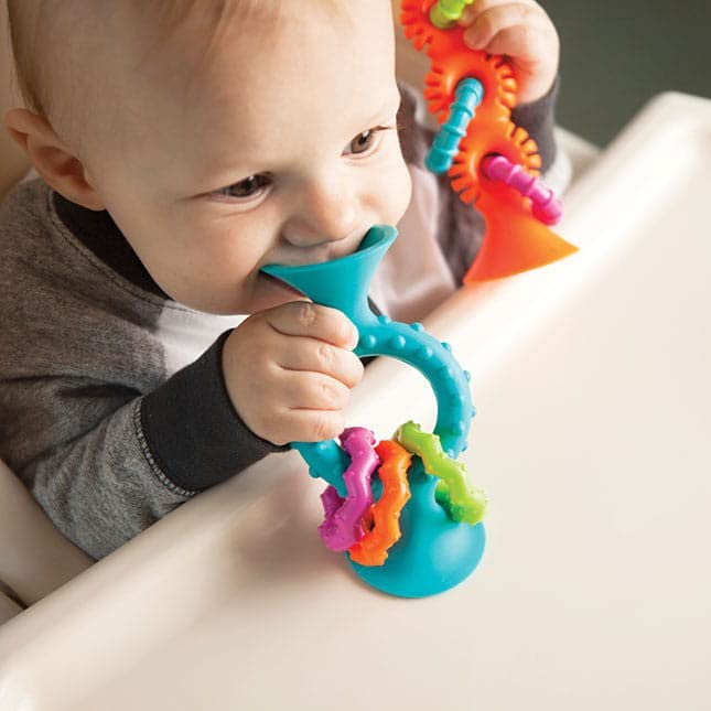 Fat Brain Toys Pipsquigz Loops – Teal, Vibrant Silicone Suction Cup Toy for Babies, Sensory Exploration, Fine Motor Skills Development, Rattling Sounds, and Soothing Gum Relief