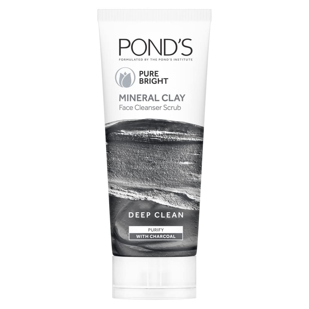 POND'S Pure Bright Mineral Clay Face Cleanser Scrub, 100% natural origin moroccan clay face wash, Purify & Deep Clean with Activated Charcoal and Niacinamide, 90g