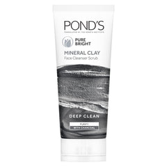 POND'S Pure Bright Mineral Clay Face Cleanser Scrub, 100% natural origin moroccan clay face wash, Purify & Deep Clean with Activated Charcoal and Niacinamide, 90g