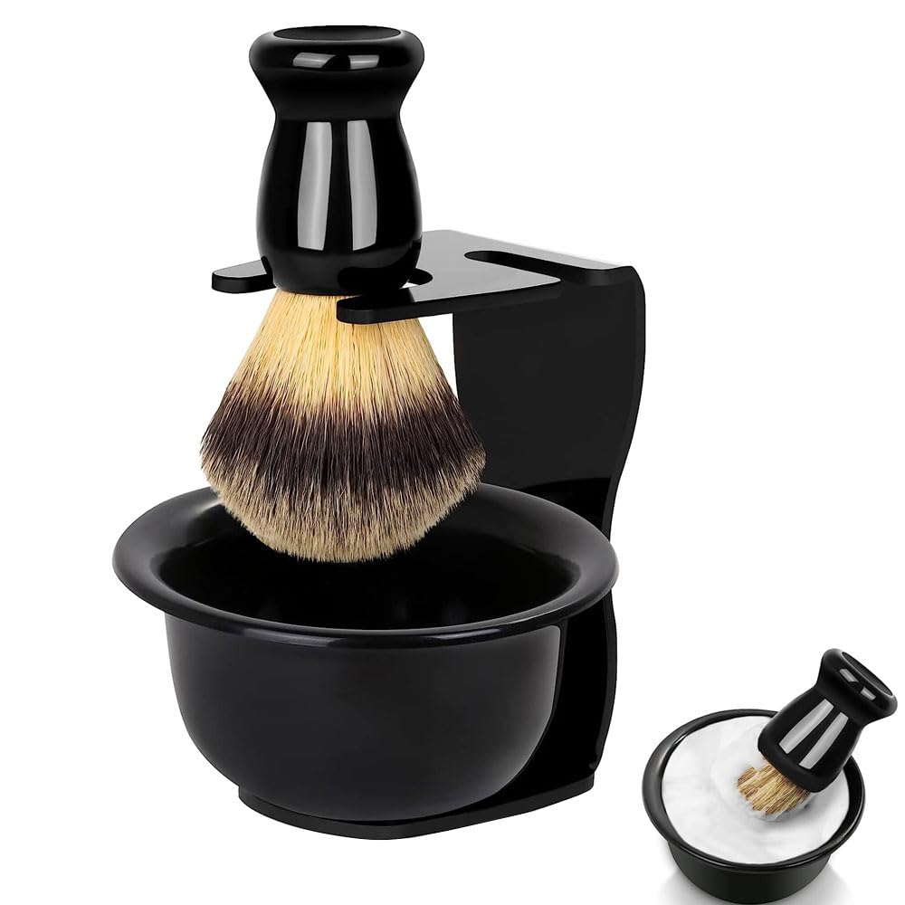 HOOTO 3 in 1 Men Shaving Kit, Mens Shaving Brush and Bowl Set, Shaving Brush Set for Men with Shave Brush Bowl ABS Stand with Razor Slot, Men's Grooming Kit & Professional Salon Shaving Tool
