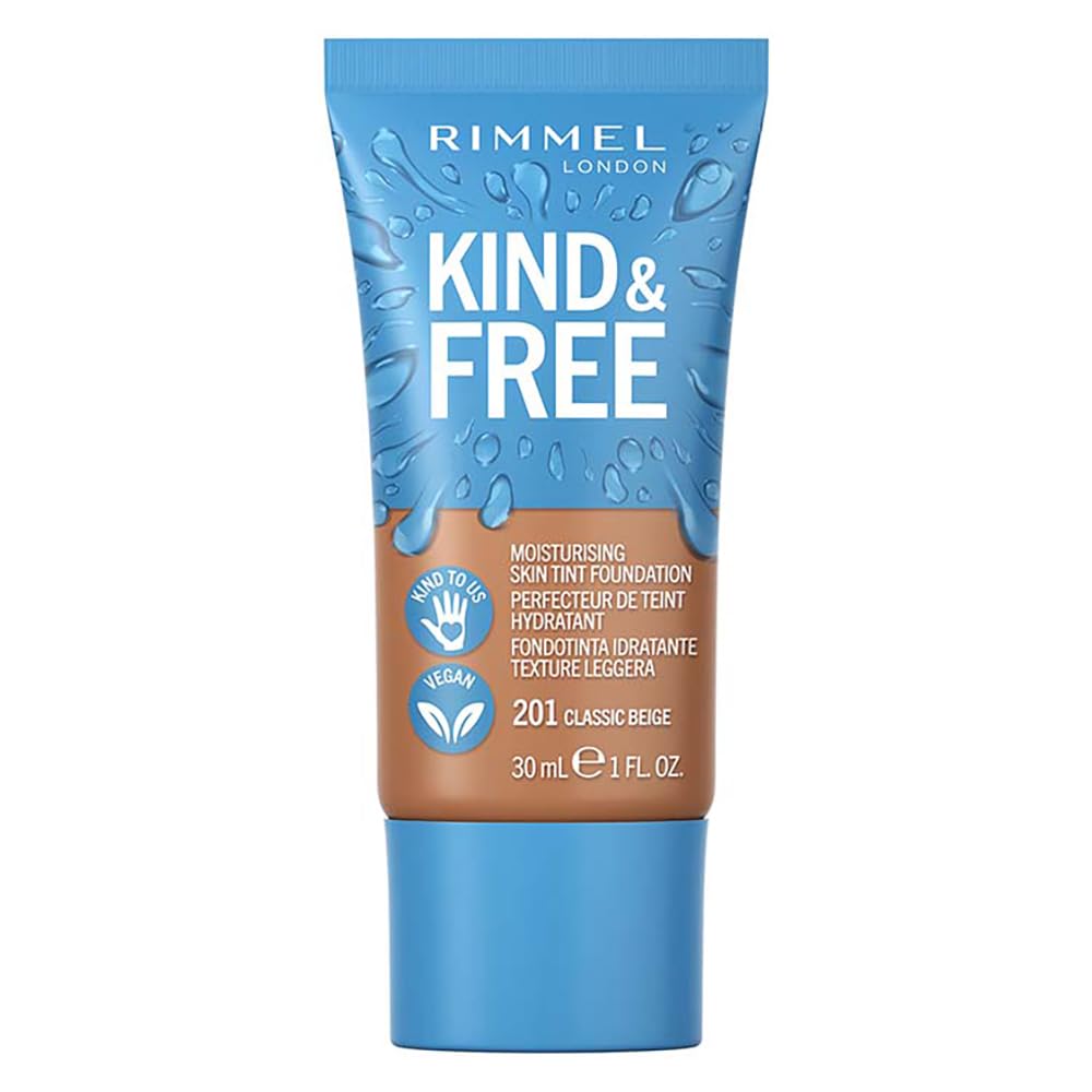 Rimmel KIND & FREE Skin Tint - Moisturising Foundation - With Vitamins E & B5 - Kind To Animals & Vegan - 30 ml, shade 201 Classic Beige