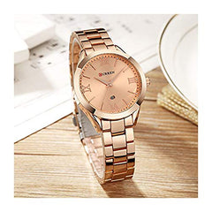Curren 9007 Quartz Movement Stainless Steel Strap Round Analog With Date Display Rose Gold Watch for Women