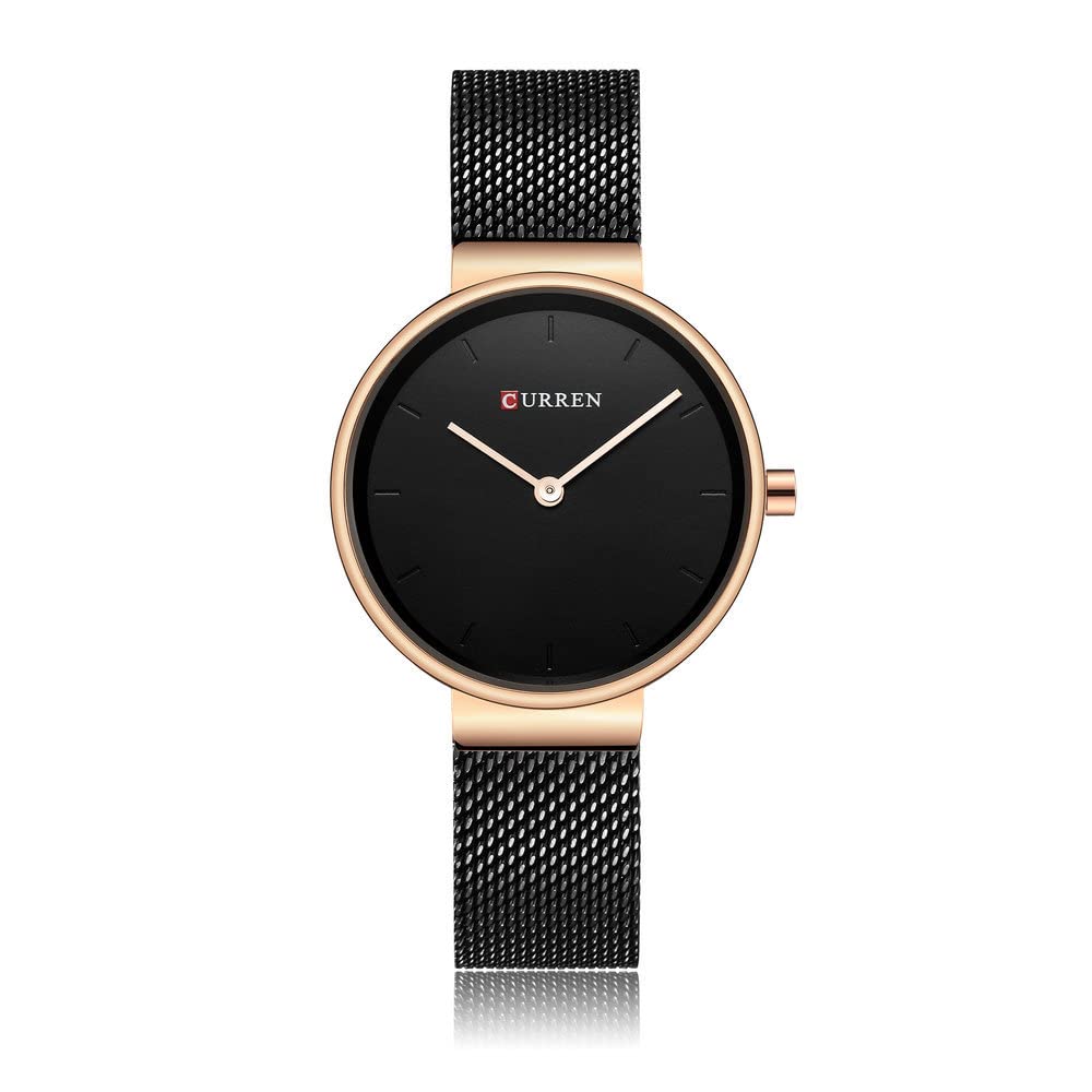 CURREN Women's Analogue Minimalist Elegant Formal Work Casual Modern Extendable Stainless Steel Mesh Adjustable Pressure Safety Brooch, Black, M, casual