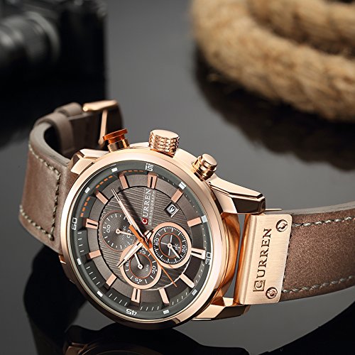 CURREN Men Leather Strap Military Watches Men's Chronograph Waterproof Sport Wrist Date Quartz Wristwatch Gifts, gold gray, Chronograph,Quartz Movement