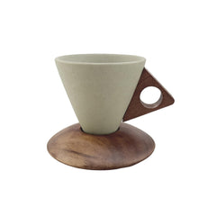 Eagyrosi Cone Ceramic Coffee Mug with Acacia Wood Base - Conical Espresso Cup Set, Solid Wooden Triangle Handle and Coaster, 180ml Capacity, Personality Item for Home, Restaurant, Party, and Office