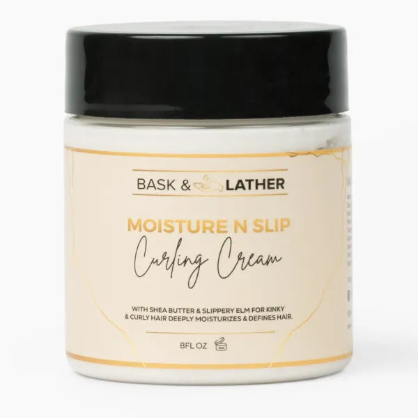 BASK & LATHER Moisture n Slip Curling Cream with Amaranth Extract, Grapeseed Oil & Slippery Elm, Enhances Curl Definition, Bounce, Reduces Frizz & Breakage, Deep Moisturization, Detangles, 8oz