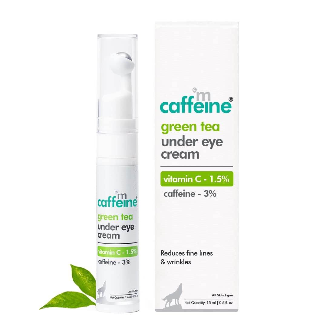 MCaffeine Green Tea Under Eye Cream to Reduce Fine Lines, Wrinkles & Dark Circles | 3% Caffeine, 1.5% Vit C & Peptides to Reduce Puffiness & Refresh Skin | Cooling Gel & Roller for Men & Women-15 ml