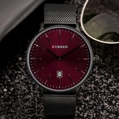 CURREN Mens Analog Watch Black Gunmetal Case Red Dial Date Window Black Stainless Steel Bracelet