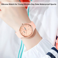 SKMEI Watches for Young Women Lady Sports Silicone Band Big Face Large Waterproof Fashion Casual Simple Quartz Analog Day Date Girls Gift White Wrist Watch - L1747pink