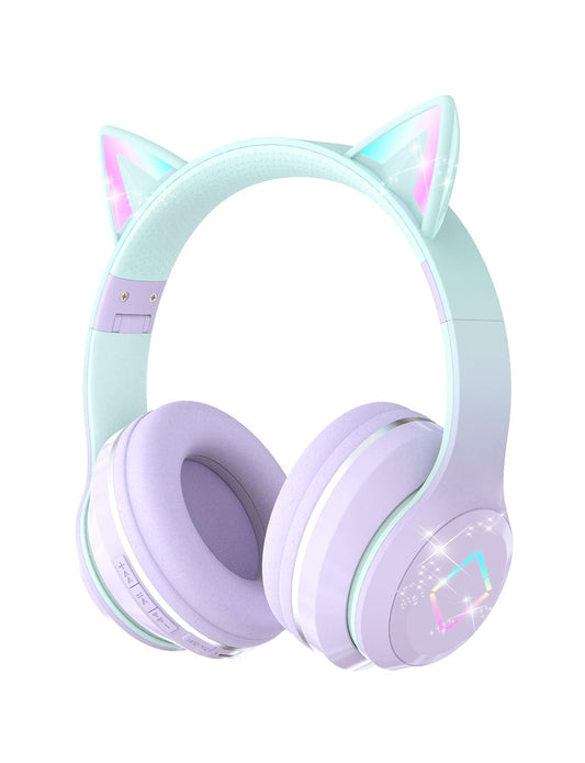 Tazweeq Bluetooth Kids Headphones, Cat Ear LED Light Up Kids Wireless Headphones, Adjustable Headband,Children Headphones with Microphone for School/Tablet (Purple)