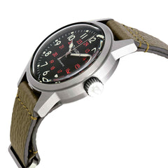 Bulova Men's Military Heritage Hack Stainless Steel 3-Hand Automatic Watch, NATO Leather Strap, Luminous Hands and Markers - Green Leather/Black Dial