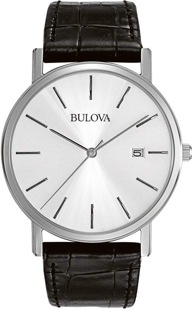 Bulova Men's Classic 3-Hand Calendar Date Quartz Leather Strap Watch, Buckle, 37mm - Black Band/Silver/White