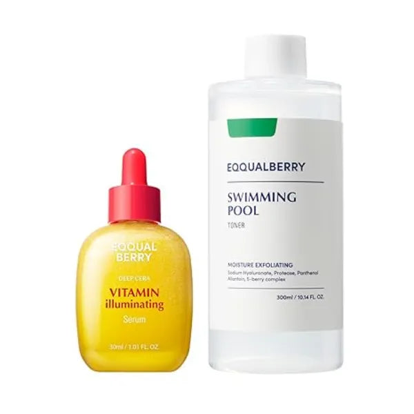 EQQUALBERRY Vitamin C Serum & Toner Set  Brightening & Hydrating Duo for Radiant, Even Skin Pore Minimizing & Dark Spot Corrector with Acerola & Niacinamide
