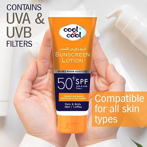 Cool & Cool Sunscreen Lotion SPF 50 - Highly Water Resistant, Broad-Spectrum UVA & UVB Protection, Prevents Skin Damage & Sun Allergies, Face & Body - 50ML