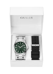 Guess Champ Analog Watch Box Set for Men, 44 mm Case Width, Silver Tone/Green