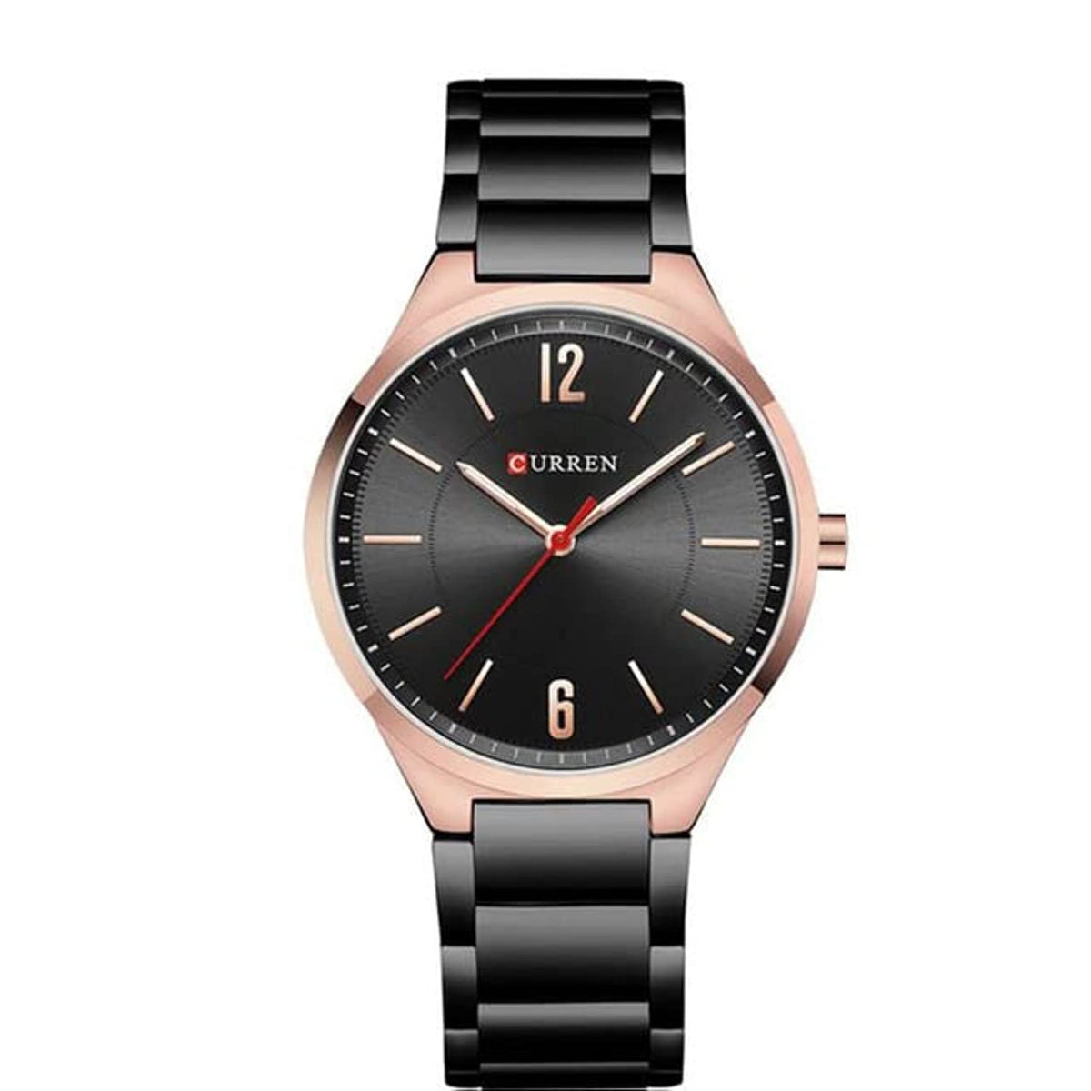 CURREN Mens Analog Watch Rose Gold Stainless Steel Case Black Dial Black Stainless Steel Bracelet, Black, bracelet