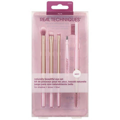 Real Techniques Naturally Beautiful Eye Makeup Brush Kit, Professional Eye Brush Set, Soft Bristles, Cosmetic Brushes For Eyeshadow, Eyebrow, Blending, Fan, And Eyelashs, 5 Piece Set, Pink