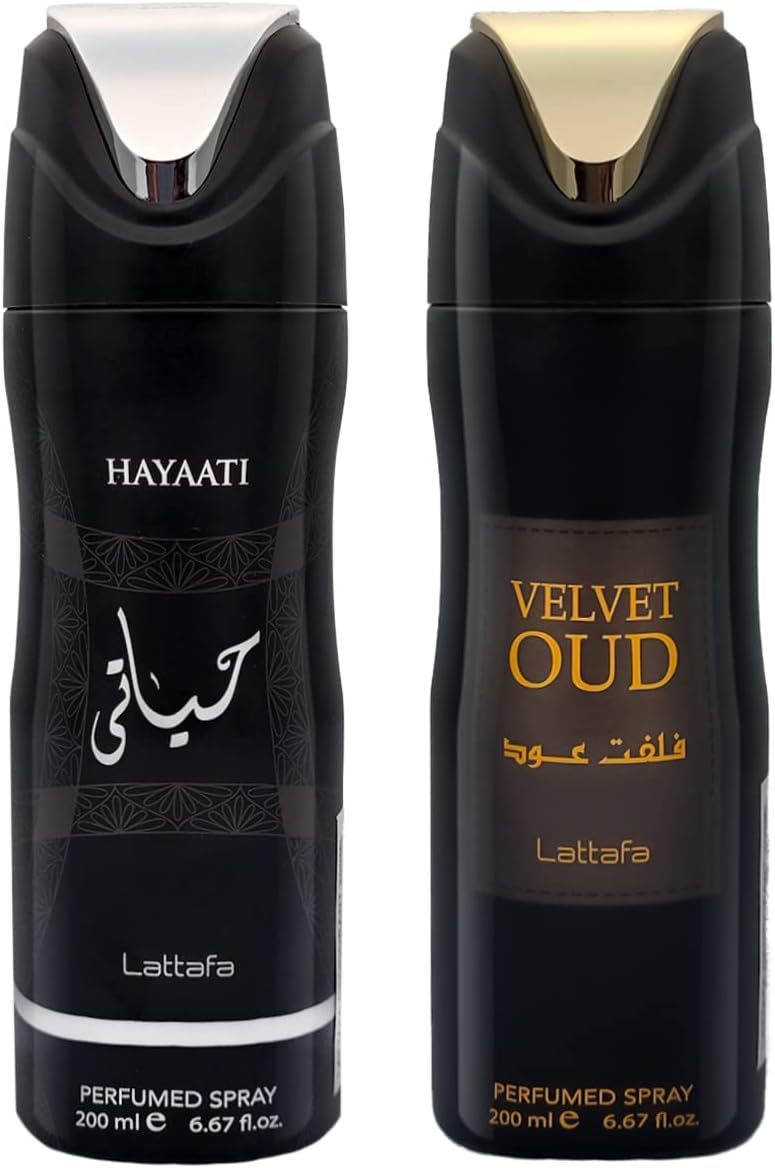 Lattafa Velvet Oud and Hayaati Deodorant Spray Premium and Most Recommended Imported Body Spray for Long Lasting Refreshing Fragrance 200ml Each for Men and Women.