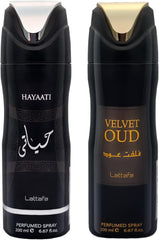 Lattafa Velvet Oud and Hayaati Deodorant Spray Premium and Most Recommended Imported Body Spray for Long Lasting Refreshing Fragrance 200ml Each for Men and Women.