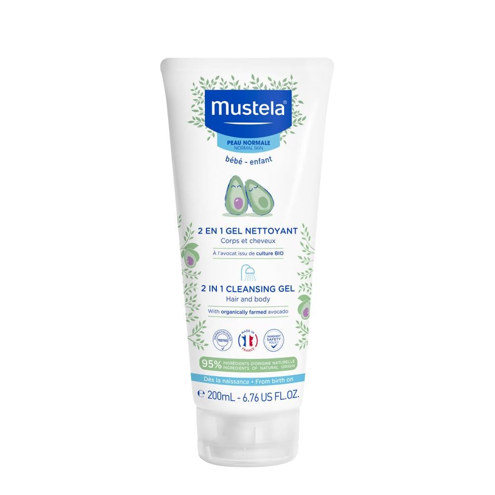 Mustela Baby 2-in-1 Cleansing Gel - Baby Body & Hair Cleanser - with Natural Avocado - Biodegradable Formula & Tear-Free - 200ml