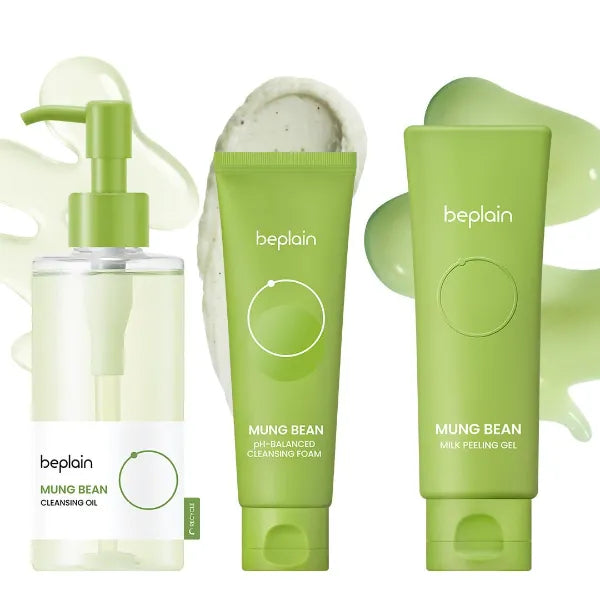 beplain Mung Bean Trio - Cleansing Oil & Cleansing Foam 160ml & Peeling Gel | Fragrance-Free | Pore Care Start with Mung Bean | Korean Skin Care | Suitable for Sensitive Skin