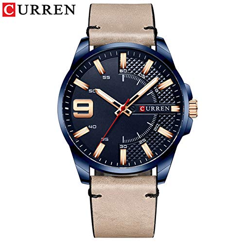 CURREN 8371 Men's Quartz Watch Water-resistant Large Dial Simple Leather Strap - Skin Blue